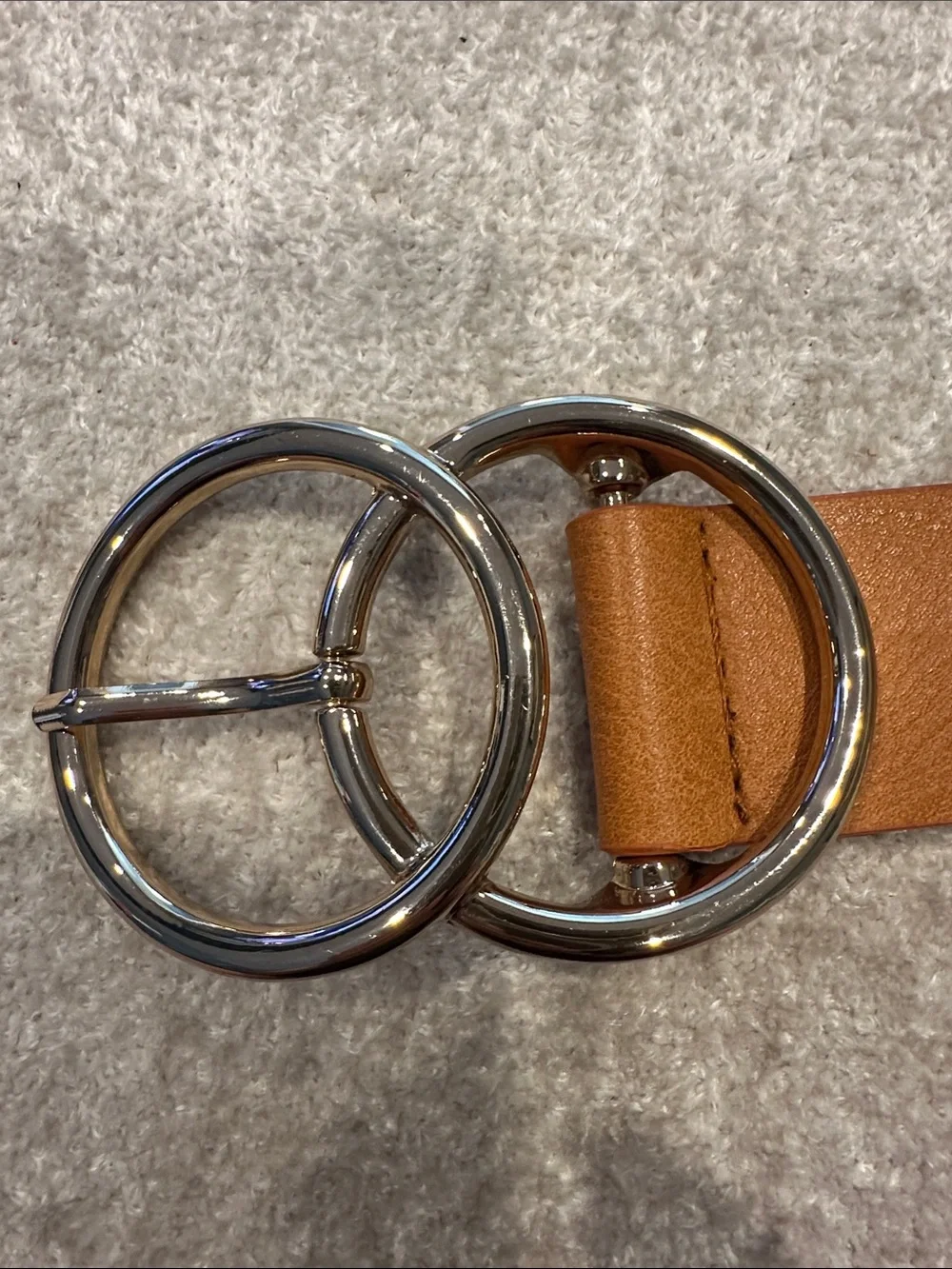 Women's Tan Leather Double-Ring Belt with Silver Buckle NWOT